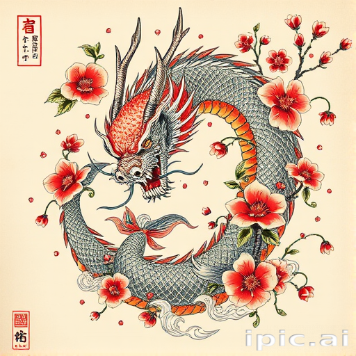 Japanese-inspired irezumi tattoo featuring a fierce dragon entwined with cherry blossoms and koi fish, rendered in bold traditional colors and flowing lines to create a dynamic full-body masterpiece