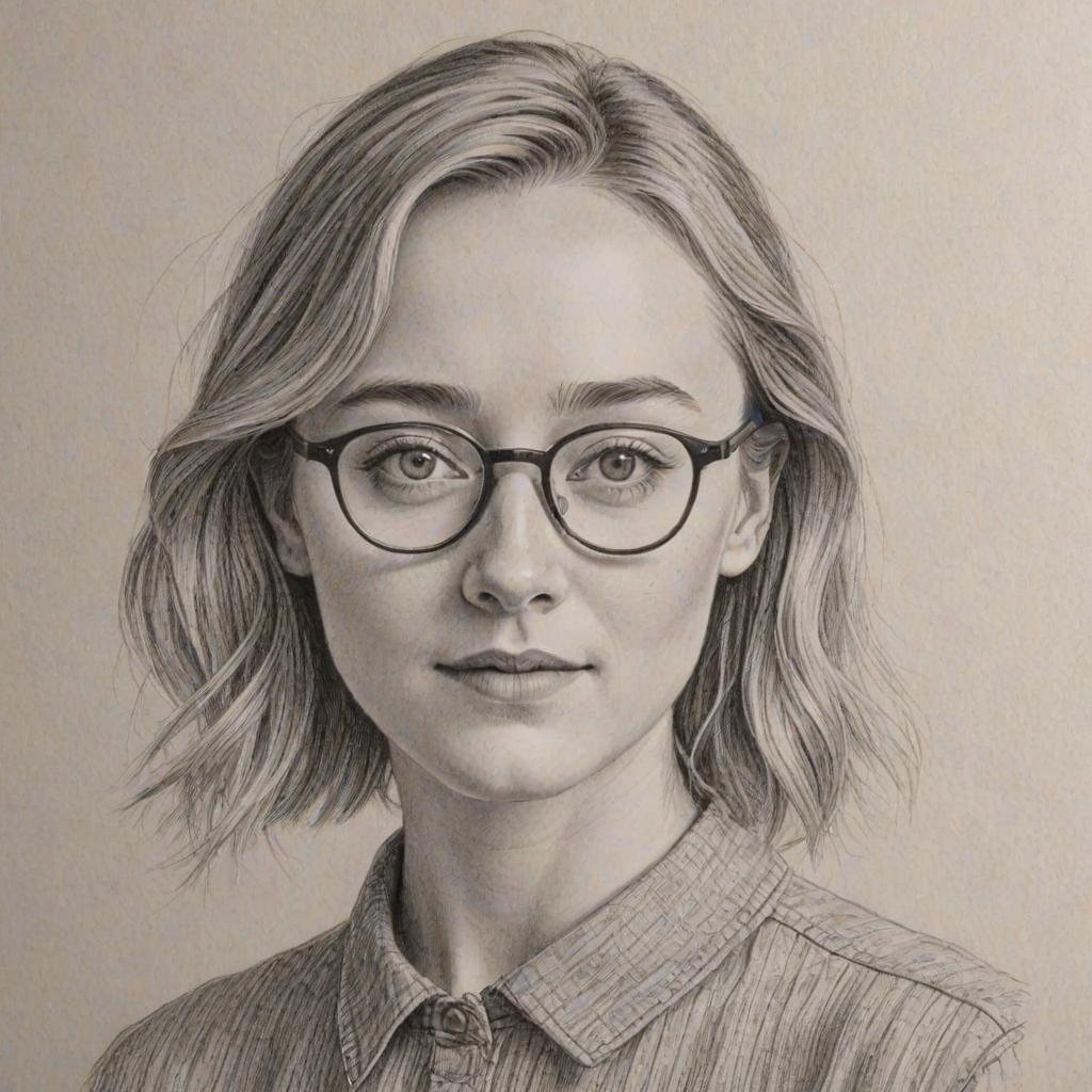 Captivating Saoirse Ronan, pencil sketch, portrait of Superb woman 1956s in glasses, hair style beatnik, outline, clear lines, fine lines, 8k