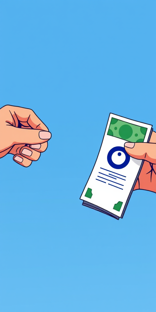 Create an illustration of two hands exchanging a copyright symbol document and money, with a blue background, using a Canon EOS R5 camera with a 50mm lens, aperture f/2.8, shutter speed 1/200s, ISO 100, captured in a vibrant, vector art style.