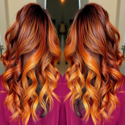 Earthy autumn leaves ombre starting with rich auburn roots transitioning to warm golden tips, styled in voluminous curls for a lush forest-inspired look