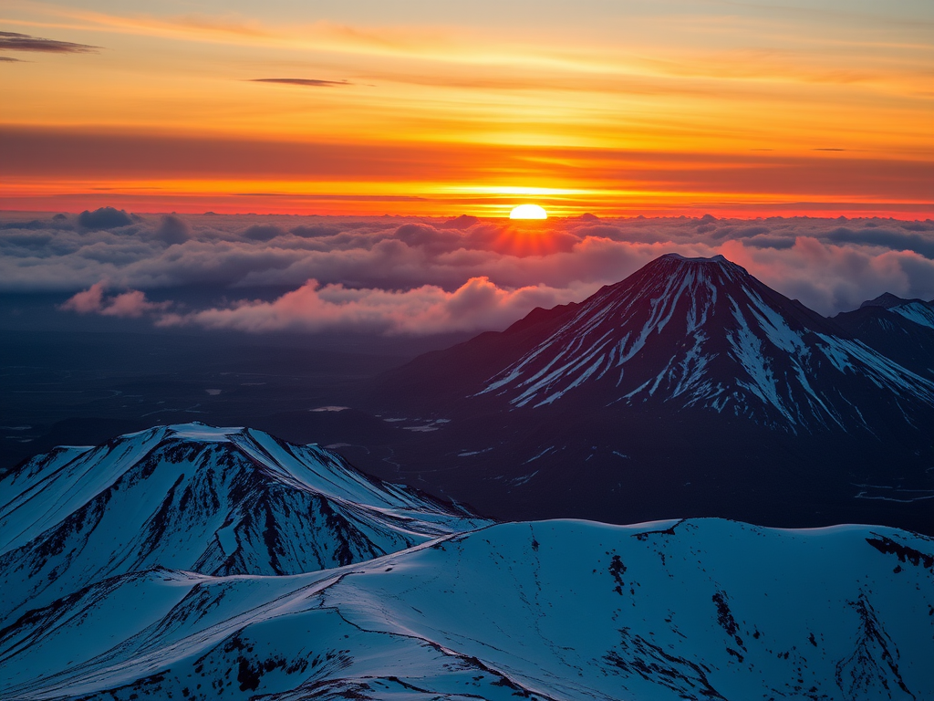 capture a dramatic sunset over a snow-covered mountain landscape with volcanic activity, using a DSLR camera with a 24mm lens, aperture f/8, ISO 100, shutter speed 1/60 sec, in landscape orientation, high dynamic range for enhanced detail, evening light for dramatic shadows.