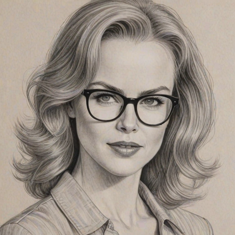 Graceful Nicole Kidman, pencil sketch, portrait of Magnificent woman 1952s in glasses, hair style beatnik, outline, clear lines, fine lines, 8k
