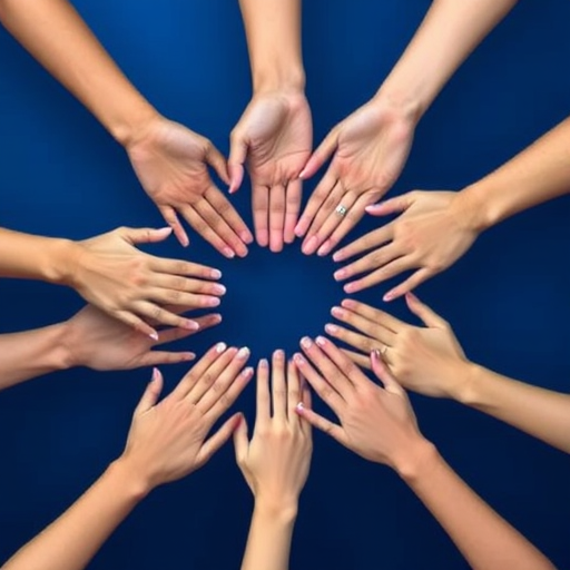 Generate an image of various hands in a circular arrangement against a deep blue background, using a 50mm lens, f/1.8 aperture, ISO 100, captured at eye level with a soft-focus effect in digital format.