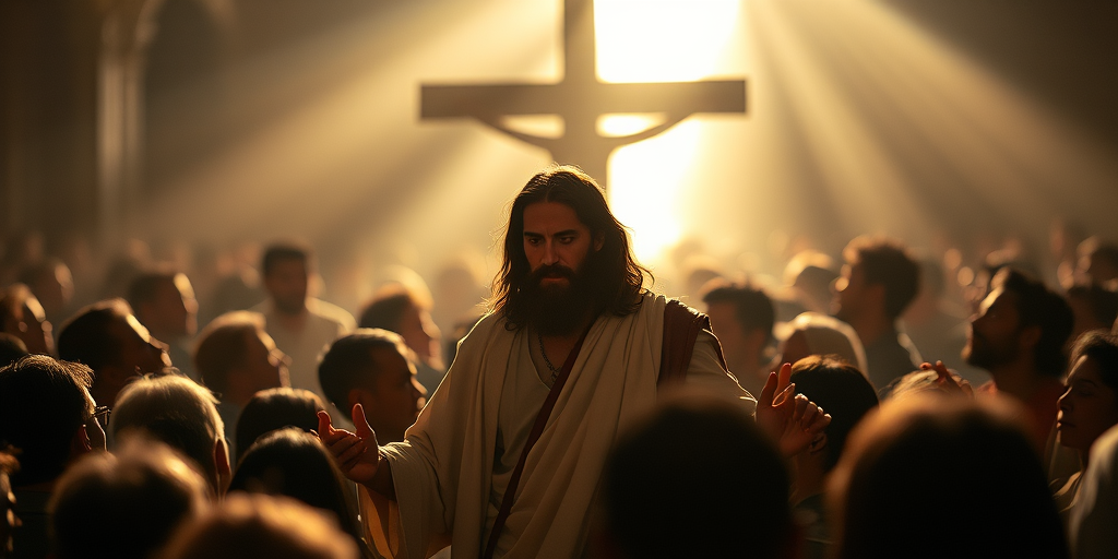 Regenerate the image of Jesus surrounded by a crowd with a bright light emanating from a cross in the background, use a Canon EOS R5 camera with a 50mm lens, aperture f/1.8, ISO 100, shot in natural light, with a soft focus style to enhance the ethereal quality.