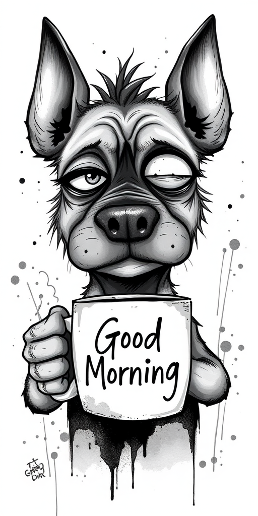 A quirky, artistic illustration of a disheveled bull arab dog breed with exaggerated, large eyes and spiky fur, holding a coffee mug that reads "Good Morning". The dog has a tired but humorous expression, with ink splatters and abstract details surrounding it, giving a whimsical feel to the image. The color palette is mostly monochrome with hints of white in the eyes and steam rising from the mug, enhancing the overall sleepy vibe