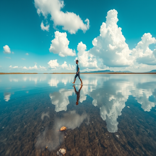 Generate an image of a man walking on water in a surreal landscape with reflective surfaces, bright blue sky, fluffy white clouds, captured with a Canon EOS R5, 85mm lens, f/1.8 aperture, ISO 100, and a low-angle shot for dramatic perspective.