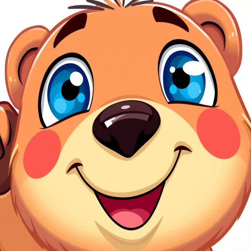 Create a vibrant, cartoon-style illustration of a friendly bear character with large blue eyes and a cheerful expression, using a digital illustration technique, captured with a high-resolution camera setting (ISO 100, f/8, 1/250 sec), in a 45-degree angle view to enhance depth and detail.