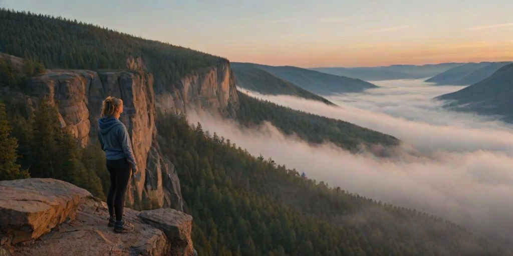 Mountain overlook at dawn, with mist rolling over the valley below, a woman stands at the edge of the cliff, her breath visible in the cool morning air.