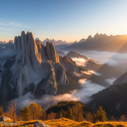 A scenic view of the Dolomite mountains during golden hour, with soft sunlight illuminating the peaks and mist rolling through the valleys, captured with a DSLR camera at f/11, ISO 100, 1/125 sec, wide-angle lens, landscape orientation, high resolution.