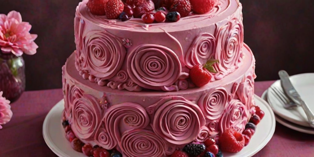 Create an image of a three-tiered cake with a textured, swirled frosting in shades of deep pink. Decorate the cake with fresh berries, vibrant flowers, and elegant butterflies. The background should be dark to create a dramatic contrast, and include a hand delicately placing a cherry on top.