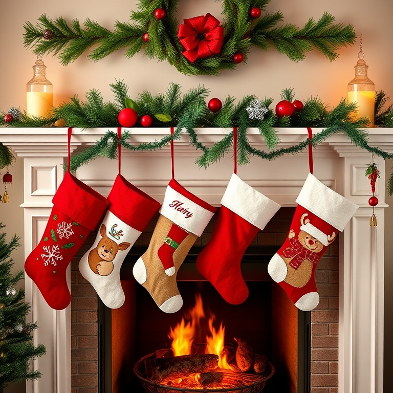 Generate an image of a festive fireplace mantel decorated for the holidays. Include four Christmas stockings hanging from the mantel, each with a unique design. The mantel should be adorned with a garland of greenery and colorful ornaments, creating a warm and cheerful atmosphere.