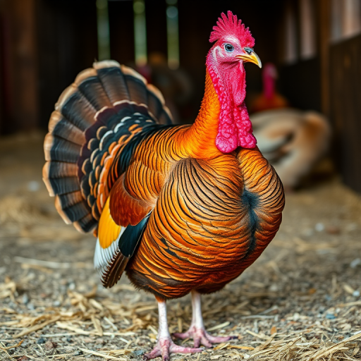 A vibrant, colorful turkey standing proudly in a barn setting with straw scattered around, captured with a DSLR camera at f/2.8 aperture, ISO 100, 50mm lens, natural light, shallow depth of field for enhanced detail and clarity.