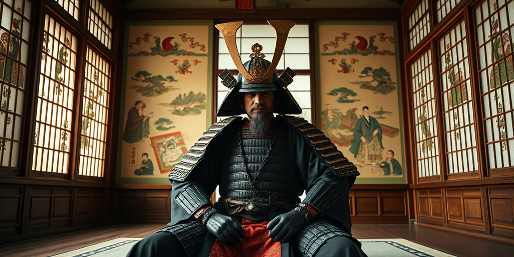 Generate a highly detailed image of a samurai seated in a traditional Japanese room with intricate wall murals, soft natural lighting filtering through Shoji screens, composition shot from a low angle, using a DSLR camera at f/1.8 aperture, ISO 100, 35mm focal length, and soft focus to enhance depth and texture.