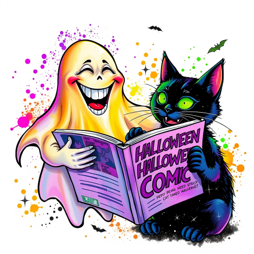 Image of a ghost and a black cat laughing exaggeratedly , and reading a comic halloween comic book, alcohol ink airbrush style, funny halloween theme, white background with neon purple, neon orange, neon green splash, black sparkles stars , dazzling BG