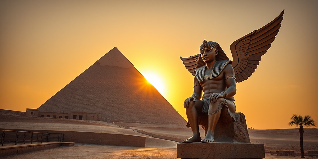 A majestic winged statue of an ancient Egyptian pharaoh in front of the Great Pyramid at sunset, golden light illuminating the scene, taken with a Canon EOS R5 at f/8, ISO 100, 1/200s, wide-angle view in high dynamic range photography.