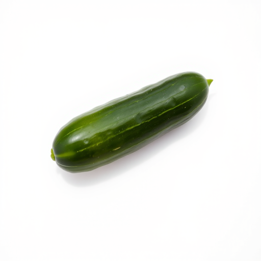 Create a high-resolution image of a cucumber on a white background, using a DSLR camera with a 50mm lens, aperture set to f/2.8, ISO 100, and natural lighting to enhance colors and details.