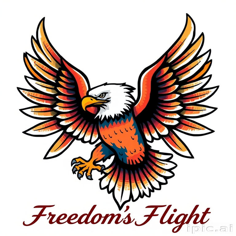 Traditional American tattoo design featuring a bold eagle with spread wings, incorporating bright primary colors and thick black outlines, dubbed "Freedom's Flight"
