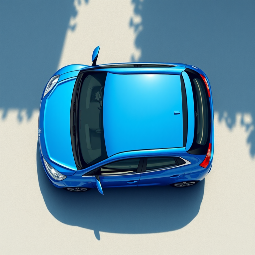 a blue hatchback car viewed from above, high resolution, 50mm lens, aperture f/8, ISO 100, shot in natural light, digital illustration style