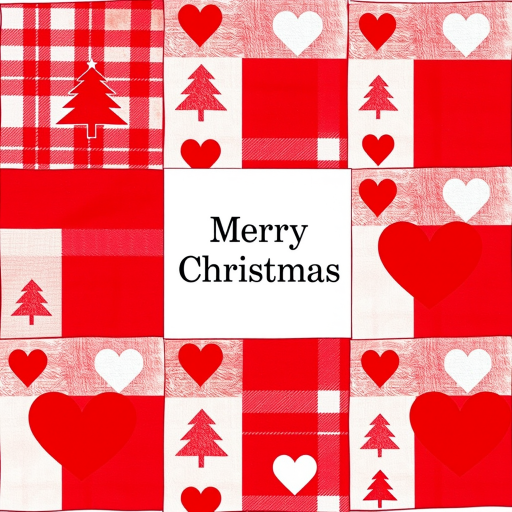 Create a festive patchwork design featuring red and white plaid squares with Christmas tree and heart motifs, centered text reading "Merry Christmas," captured with a DSLR camera at f/4 aperture, 50mm lens, ISO 100, in natural daylight.