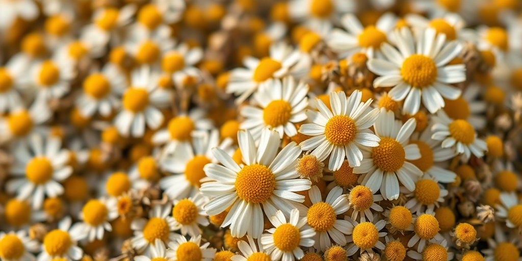Photograph a heap of dried chamomile flowers, using a macro lens, f/2.8 aperture, ISO 100, natural soft lighting, and a shallow depth of field for enhanced detail and clarity.