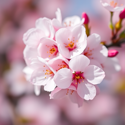 macro shot of blooming cherry blossoms with a soft blurred background, focus on the intricate details of the petals, natural light, f/2.8 aperture, shutter speed 1/100 sec, ISO 200, taken with a Canon EOS R5, 85mm lens, vibrant colors and high contrast.
