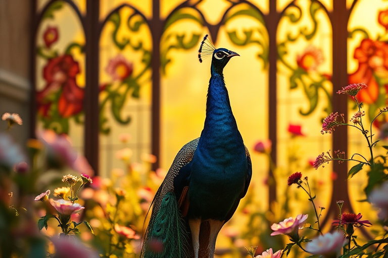 a peacock standing majestically with a vibrant tail in a stained glass setting surrounded by flowers, soft golden hour lighting, DSLR camera, f/1.8 aperture, 50mm lens, ISO 100, depth of field focus on the peacock, vibrant colors for enhanced image quality