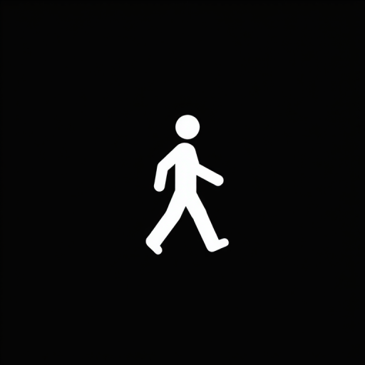Create a high-quality vector style walking figure icon on a black background, camera settings: ISO 100, aperture f/8, shutter speed 1/60, camera view: front view, camera style: minimalistic design, camera type: digital graphic design software.