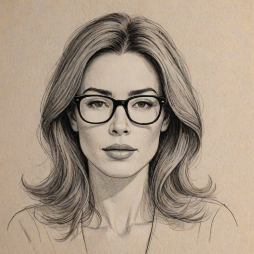 Enticing Jaime Murray, pencil sketch, portrait of Charming woman 1967s in glasses, hair style beatnik, outline, clear lines, fine lines, 8k