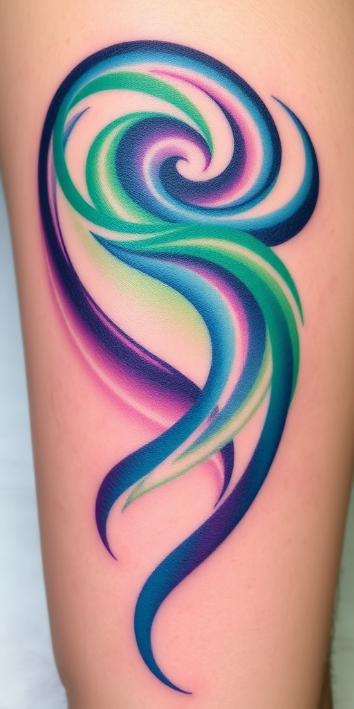 Ethereal "Northern Lights" tattoo captures the mesmerizing beauty of the aurora borealis. Swirling ribbons of green, blue, and purple dance across the skin, creating a sense of movement and wonder. Subtle gradients and color blending techniques mimic the shifting hues