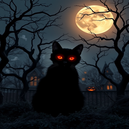 A spooky Halloween landscape featuring a black cat with glowing red eyes, surrounded by twisted, bare trees under a full moon, with ghosts in the background, dusk setting, 50mm lens, f/2.8 aperture, ISO 400, soft focus background, high contrast colors.