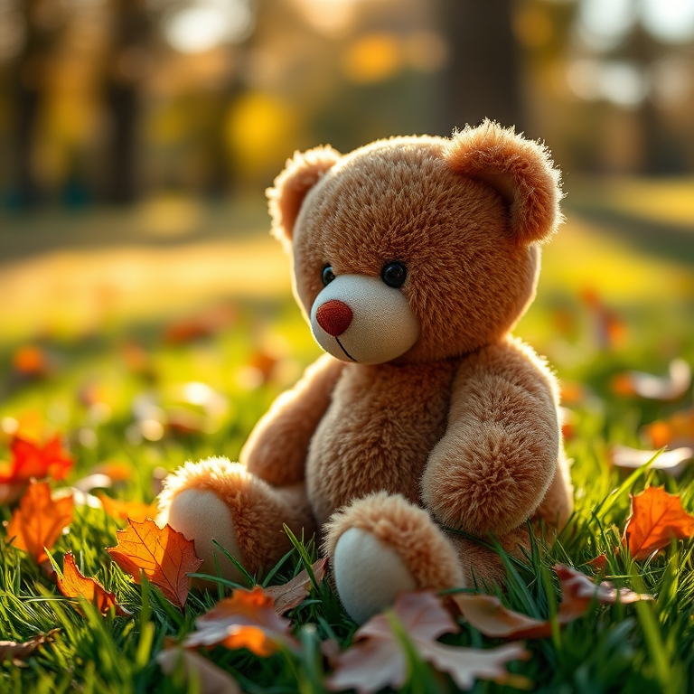 Create a close-up shot of a plush teddy bear sitting on green grass with autumn leaves scattered around, soft focus background, warm sunlight filtering through trees, using a DSLR camera with a 50mm lens, aperture f/2.8, ISO 100, and a shallow depth of field to capture the warmth and nostalgia of the scene.