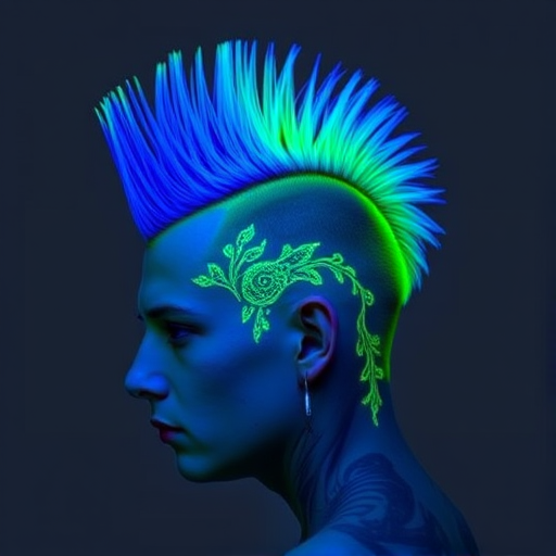 Neon green mohawk with shaved sides, designed by "Punk Peacock" stylists, featuring a tall, textured crest that gradually transitions to electric blue at the tips, accented by intricate, UV-reactive line work etched into the shaved portions, creating a bold, rebellious statement.