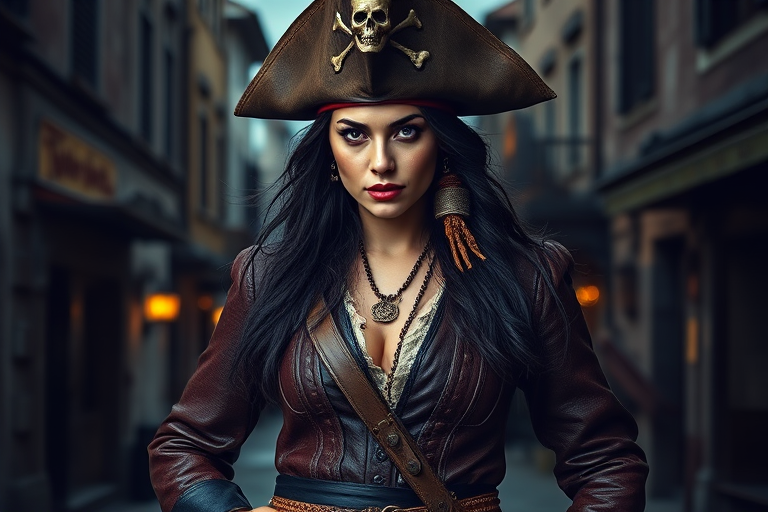 Create a portrait of a fierce female pirate. She wears a leather tricorn hat adorned with a skull and crossbones emblem, and her long, dark hair flows around her face. Her outfit consists of a richly detailed leather jacket, a corset, and multiple layers of belts and accessories, giving her a formidable and stylish appearance. She stands confidently in a dimly lit, historic port town, with a backdrop of weathered buildings and cobblestone streets, capturing the adventurous spirit of a pirate.