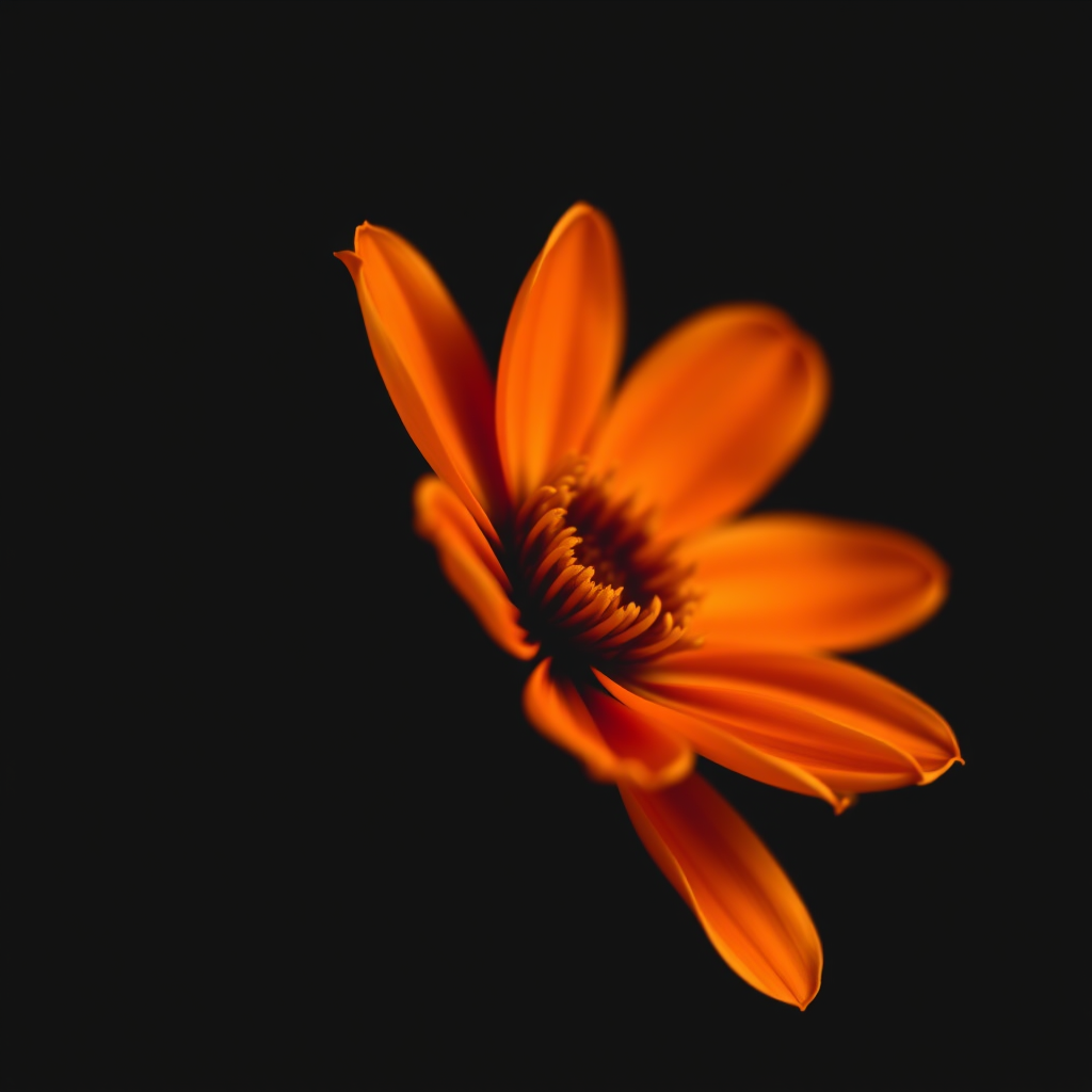 a close-up of a vibrant orange flower on a black background, aperture f/2.8, ISO 100, 50mm lens, soft focus style, DSLR camera