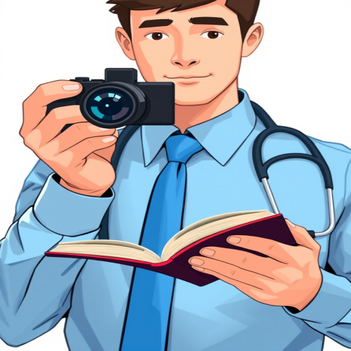 Create an illustration of a person in a blue shirt and a blue tie holding a book with a stethoscope in the background, using a DSLR camera with a 50mm lens, aperture f/2.8, ISO 100, and a soft focus effect to enhance the image quality.