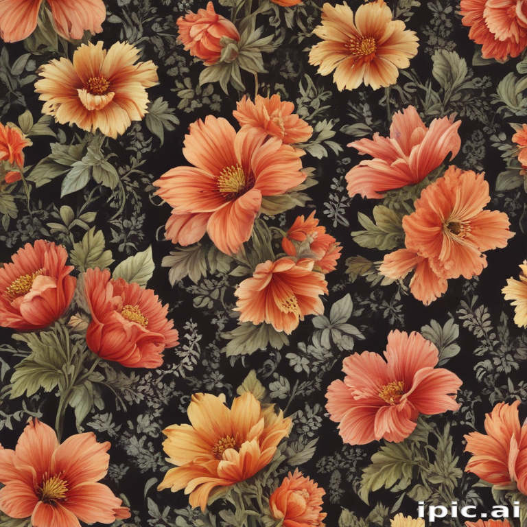 Vibrant Floral Pattern Featuring Warm-Toned Flowers Against a Dark ...