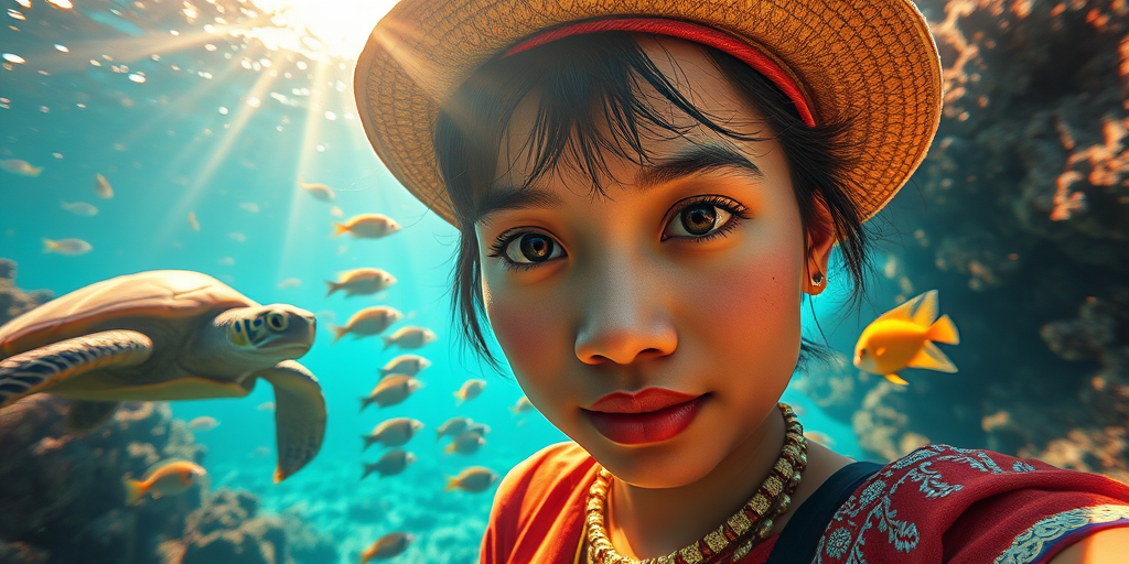 Realistic selfie image of a Burmese, wearing a vintage outfit, detailed dreamy eyes, droopy hooded eyes, staring at the camera, taken underwater at coral reef with a sunbeam filtering through the water, vibrant, summer vacation, natural lighting, turtle and school of tropical fish with vibrant colors, rendered in the style of CryEngine, Pegi Nicol MacLeod, with realistic genre scenes, hauntingly beautiful narratives, ultra-realism, and Thomas Saliot's close-up technique, 8K resolution, crystal clear and sparkling water.