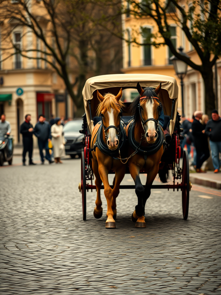 capture a horse-drawn carriage on a cobblestone street with two horses in motion, focus on the horses and carriage, use a shallow depth of field, aperture f/2.8, shutter speed 1/250 sec, ISO 200, 50mm lens, natural light with soft shadows, slightly overcast conditions, vibrant color saturation to enhance the scene