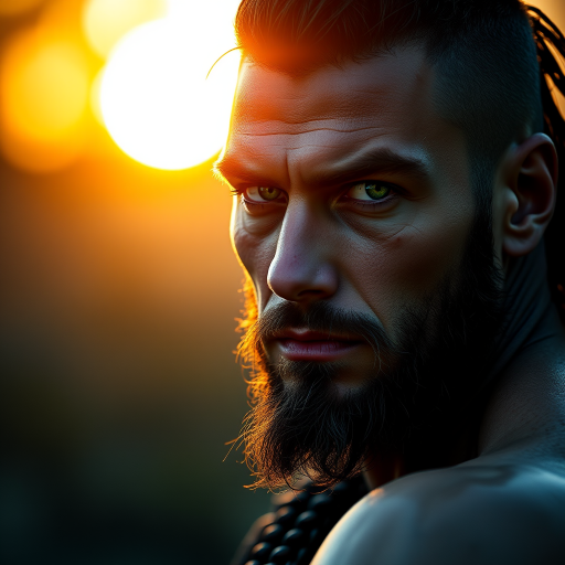 portrait of a muscular warrior with intense green eyes, sunset lighting, soft bokeh background, Canon EOS R5, 50mm f/1.2 lens, ISO 100, f/1.2, 1/200s, shallow depth of field