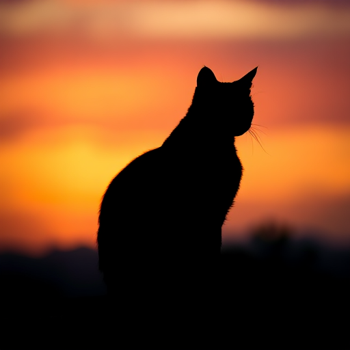 Create a high-quality image of a silhouette of a cat sitting gracefully against a vibrant sunset background, shot with a Canon EOS R5, 50mm lens, aperture f/1.8, ISO 100, and a shallow depth of field for a soft bokeh effect.