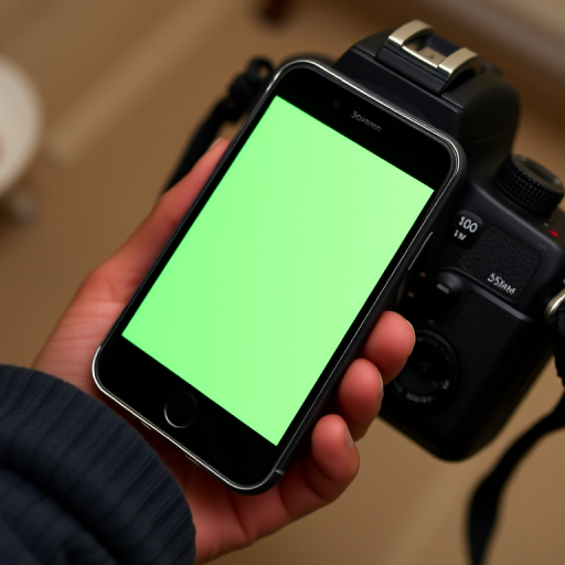 Generate a high-resolution image of a smartphone with a green screen, using a DSLR camera with a 50mm lens, aperture set to f/1.8, ISO 100, and a focal length of 35mm, captured from a slightly elevated angle to enhance depth.