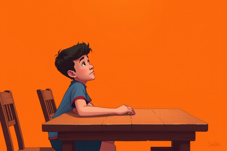 Create a digital illustration of a young person sitting at a wooden table, looking contemplative, with an orange background, using a Canon EOS R5 camera, 50mm lens, f/2.8 aperture, 1/60 shutter speed, in a bright and vibrant color style.
