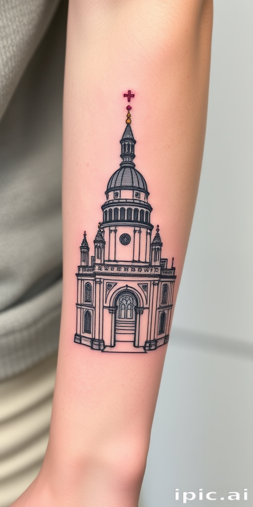 Elegant single-needle tattoo depicting a detailed architectural sketch of a famous landmark, rendered in fine lines and subtle shading, gracefully adorning the inner forearm
