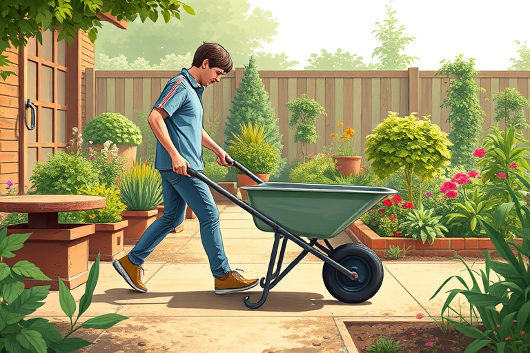 Create an illustration of a person pushing a wheelbarrow in a garden setting, using a DSLR camera with a 50mm lens, aperture set to f/2.8, ISO 100, and captured in natural light for enhanced clarity and detail.