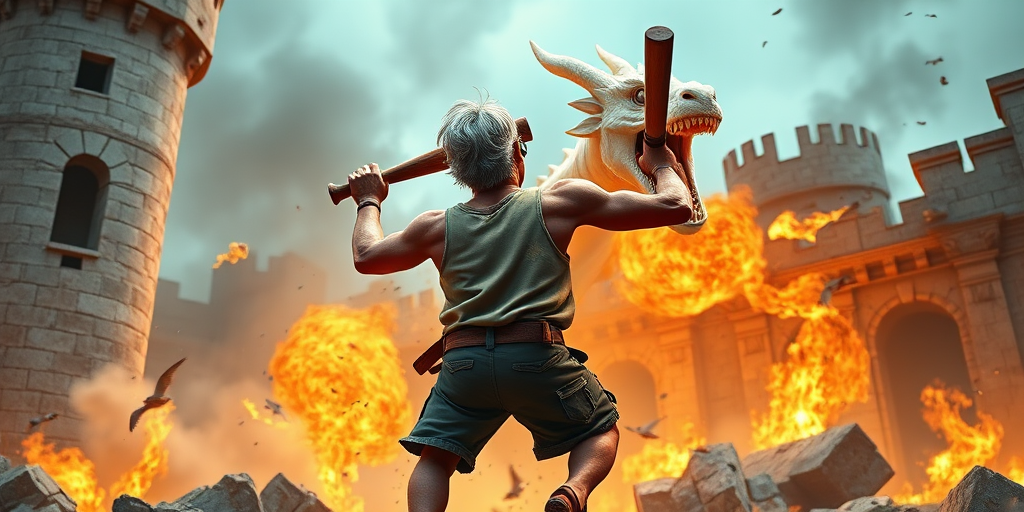 Cartoon 3D High-Resolution,dynamic battle scene using Unreal Engine 5 and Octane Render. The scene features back of an elderly, thai man with a beard,messy hair and round golden-rimmed glasses. He is wearing a tattered tank top with soot marks, shorts, and sandals. sweating. he wields a baseball bat. He jump to fight with a white fire-breathing Europe dragon amidst a partially destroyed stone castle. Include intense flames, smoke, and debris to enhance the dramatic effect.