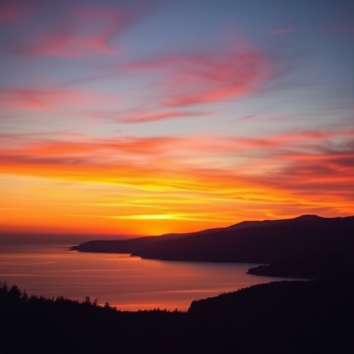 Create a vibrant sunset landscape over a calm lake, capturing silhouettes of mountains in the background, with a focal length of 35mm, aperture set to f/8, ISO 200, using a DSLR camera in landscape orientation for enhanced depth and clarity.