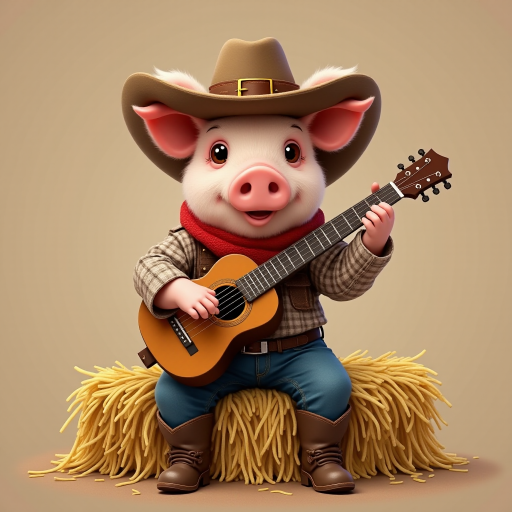 A chibi pig, dressed as a cowboy, playing guitar, sitting on a hay bale