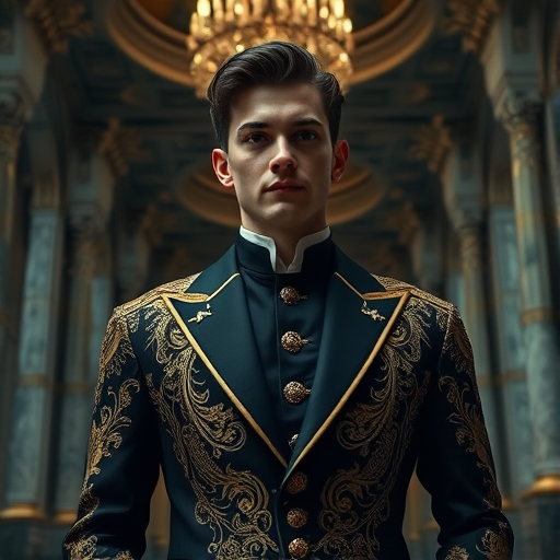 A young man in a richly detailed, ornate black and gold suit with a high collar, standing confidently in a grandiose, dimly lit palace interior with marble columns and chandeliers, captured with a Canon EOS R5 camera, 50mm lens, f/1.8 aperture, ISO 100, shutter speed 1/125s, cinematic style, low-angle view, high dynamic range.