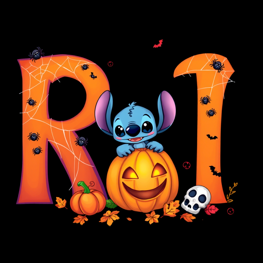 A whimsical and vibrant Halloween-themed digital illustration featuring the letter "R" adorned with spider webs, small bats, and cute spiders. At the base of the letter, a playful alien character similar to Stitch is peeking out from inside a carved pumpkin with glowing eyes, surrounded by additional pumpkins, a small skull, and autumn leaves. The letter is gradient-colored from orange to purple, adding a magical atmosphere to the scene, black background