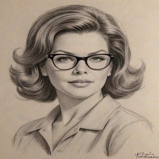 Enchanting Marsha Gay Harden, pencil sketch, portrait of Magnificent woman 1963s in glasses, hair style beatnik, outline, clear lines, fine lines, 8k